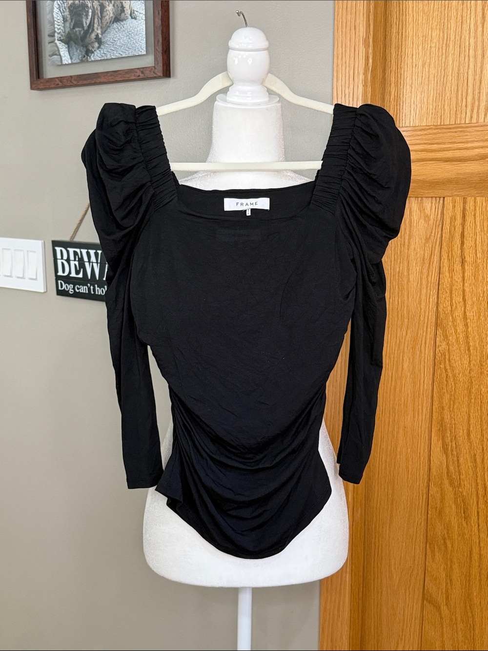Frame Denim Black Ruched Puff-Sleeve Square-Neck Long Sleeve Top